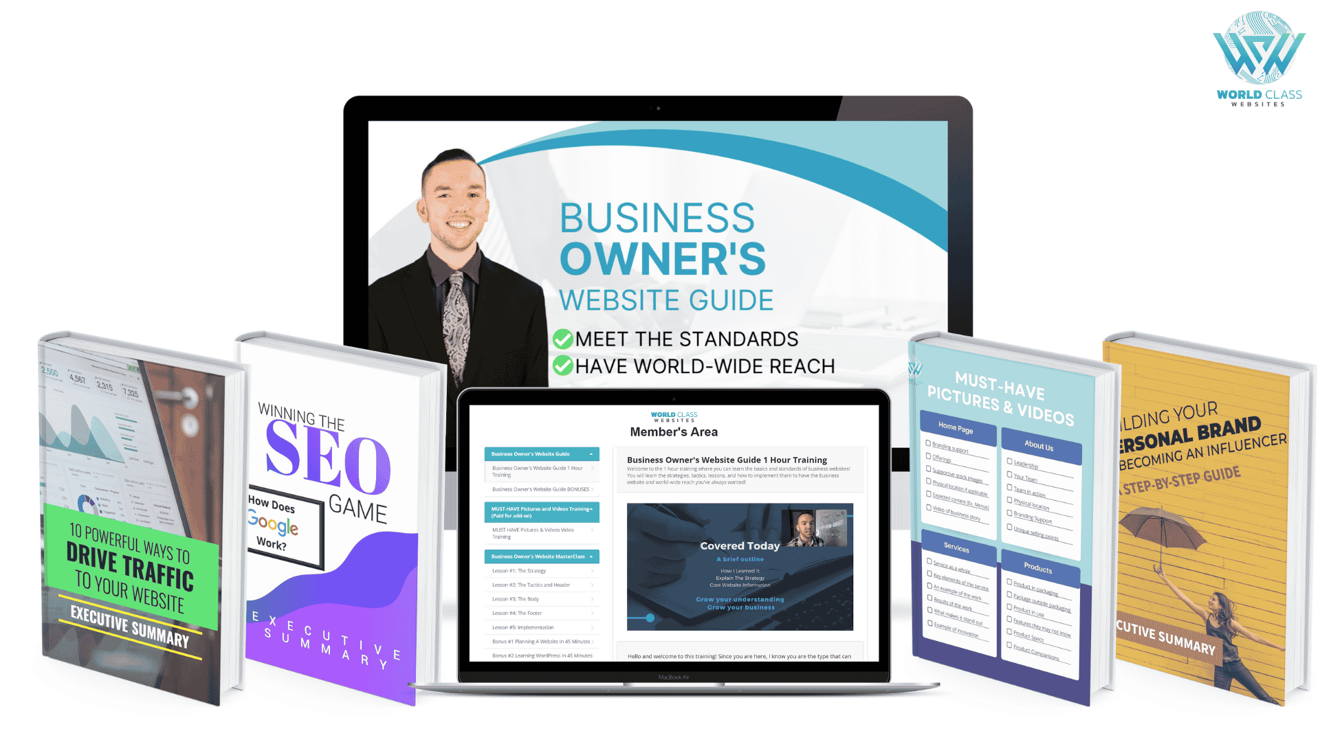 Business owners website guide and bonuseses on screen and book covers